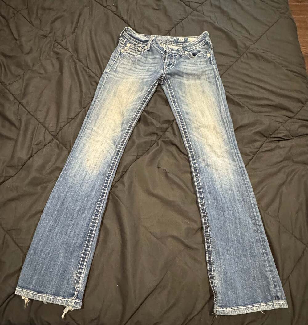 Y2K 2000’s Miss Me  Boot Cut Jeans Size 27 Distressed Bling Rhinestone
